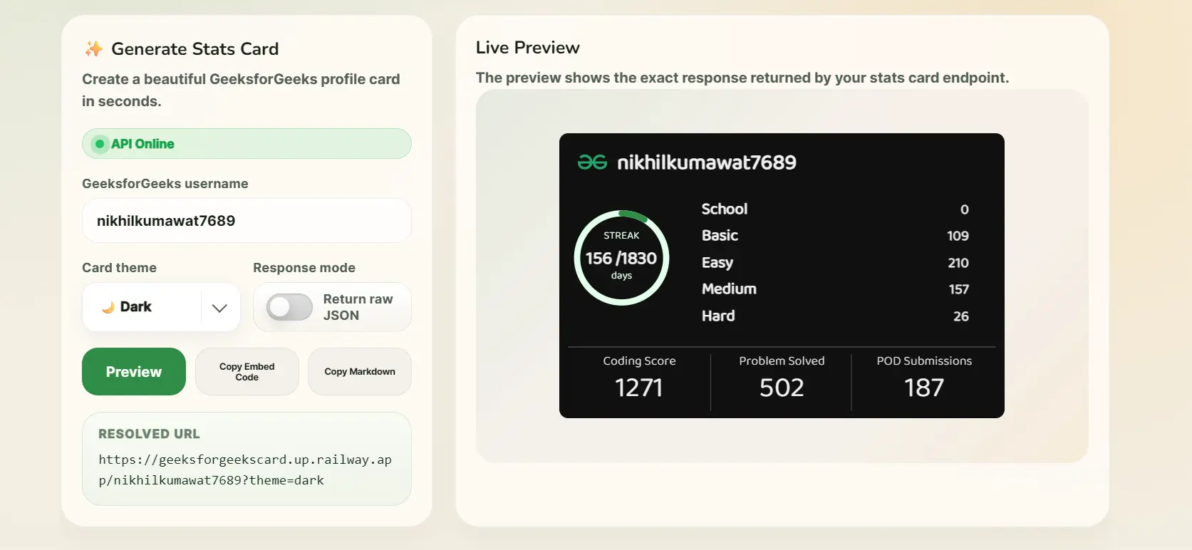 GeeksforGeeks Stats Card
